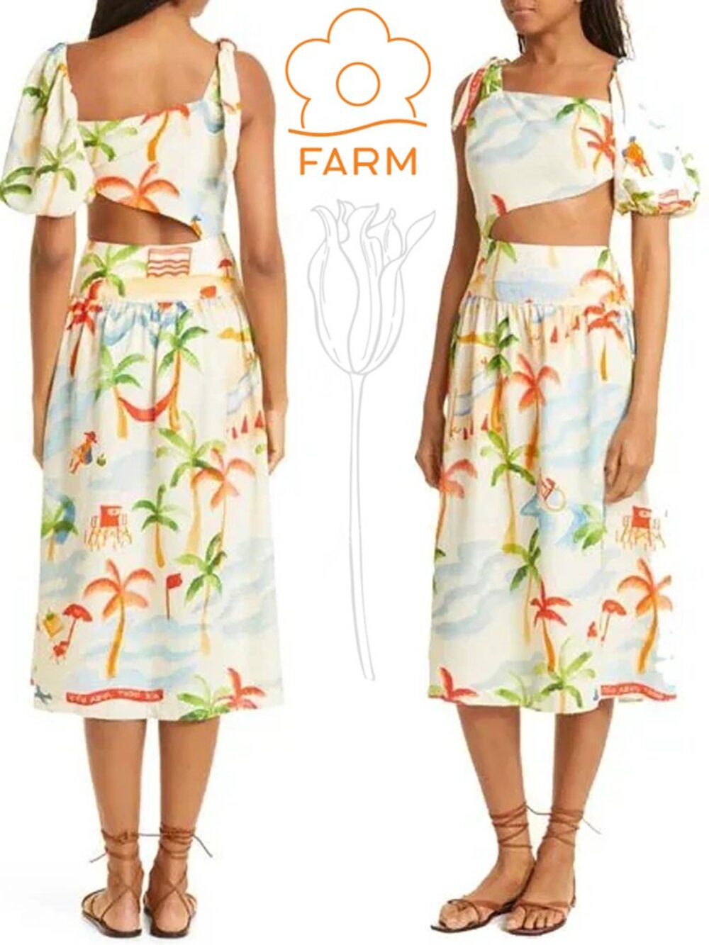 FARM RIO Copacabana Asymmetric Sleeve Side Cutout Linen Blend Dress